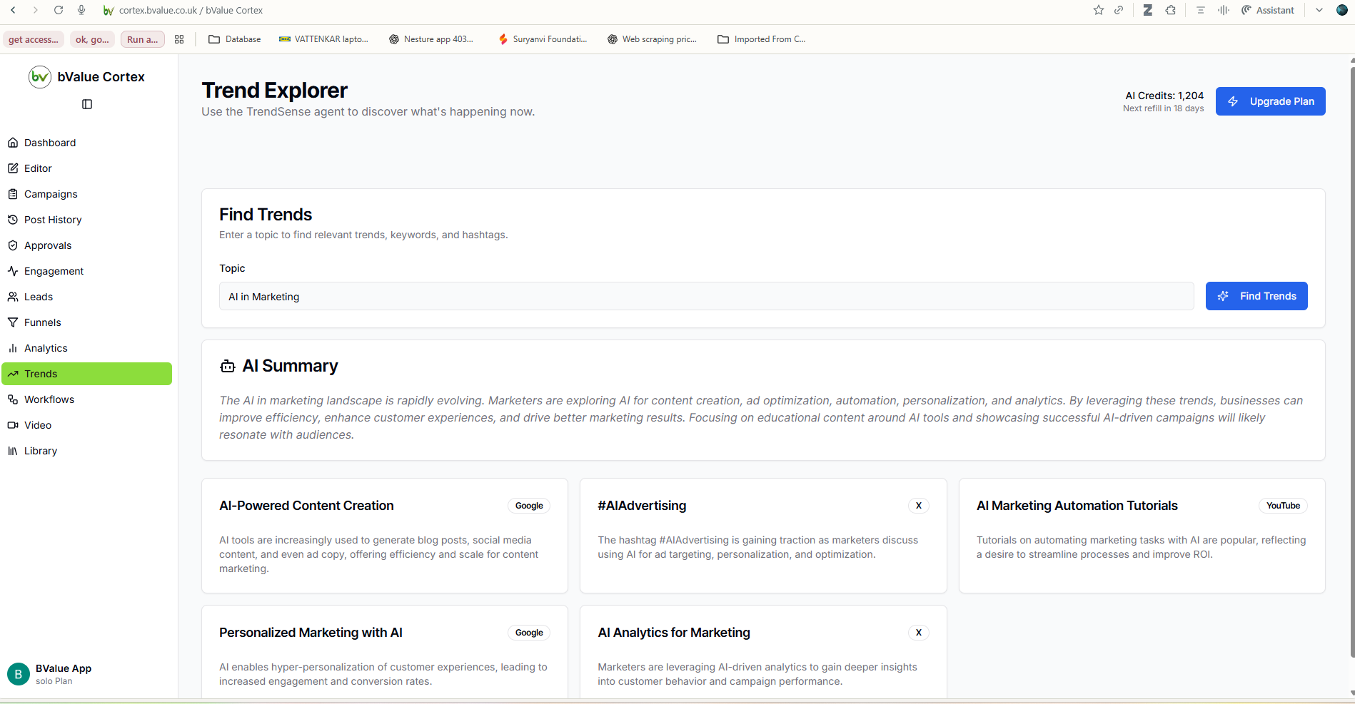 bValue Cortex dashboard showing social media operations overview