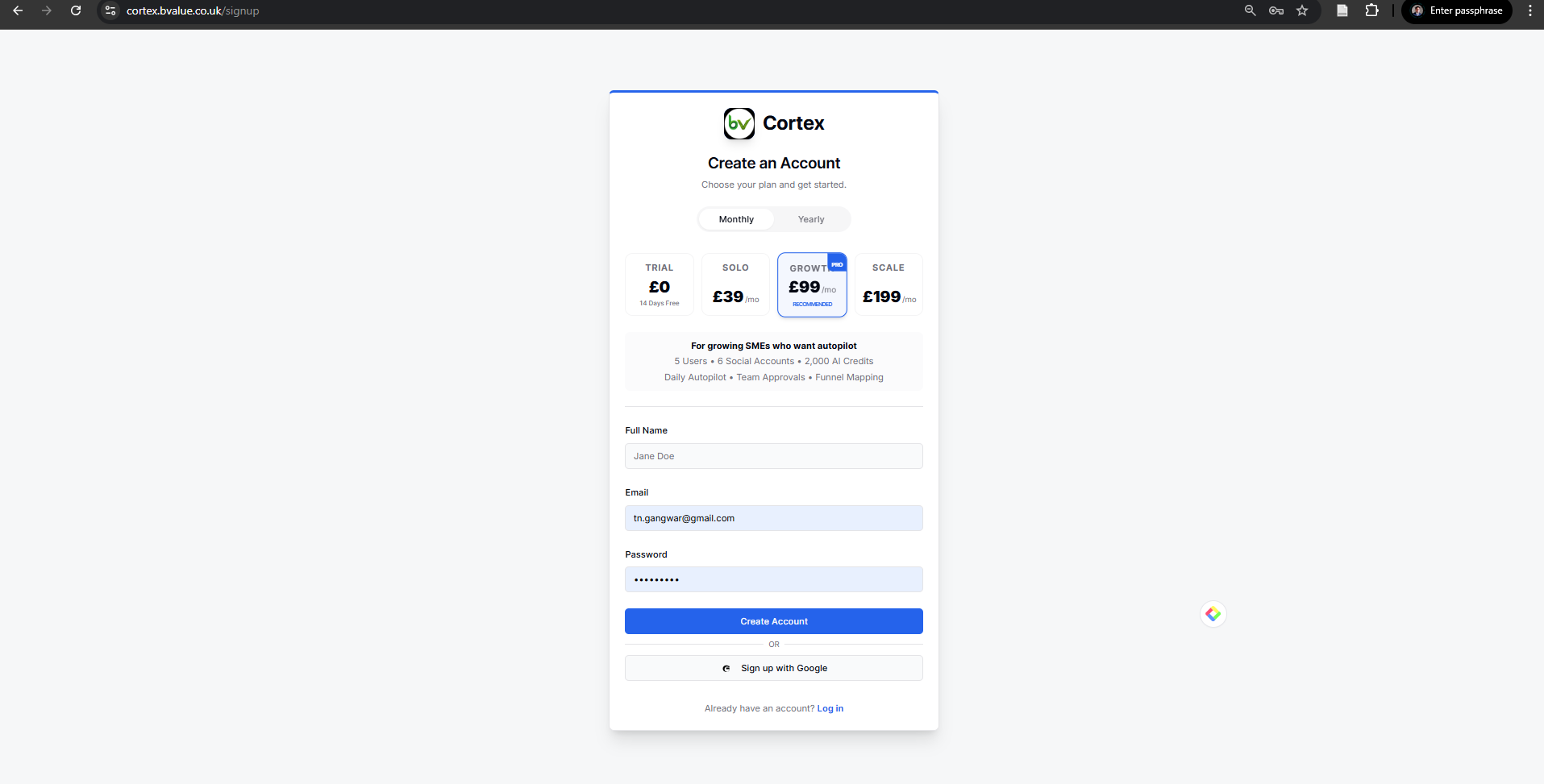 bValue Cortex pricing and onboarding